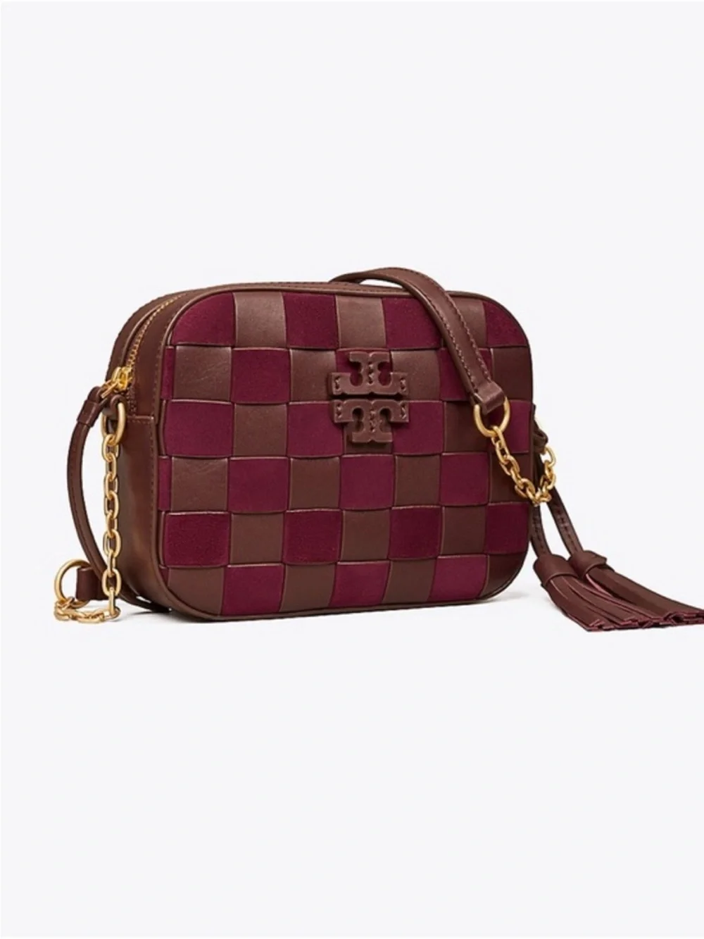 Tory Burch Burgundy and Brown Woven Leather Crossbody with Tassel
